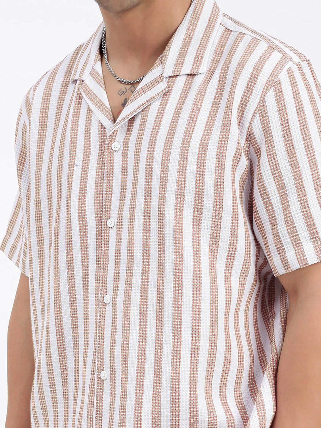 Men's Brown Striped Cuban Collar Relaxed Fit Co-Ords Set