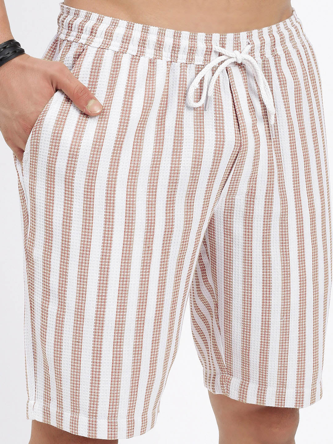 Men's Brown Striped Cuban Collar Relaxed Fit Co-Ords Set