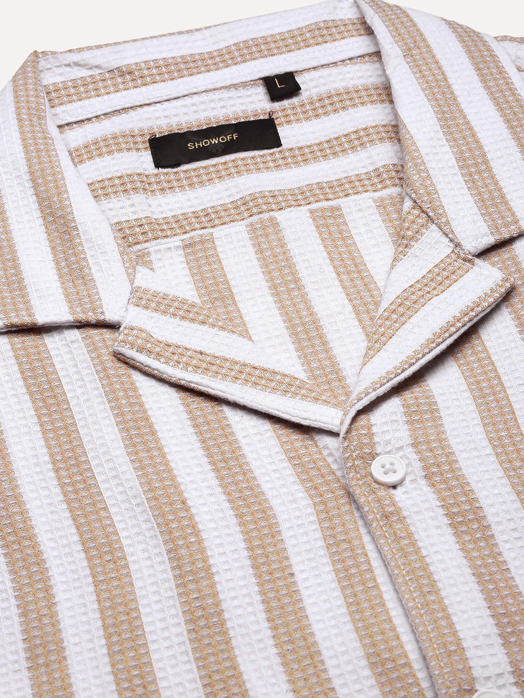 Men's Brown Striped Cuban Collar Relaxed Fit Co-Ords Set