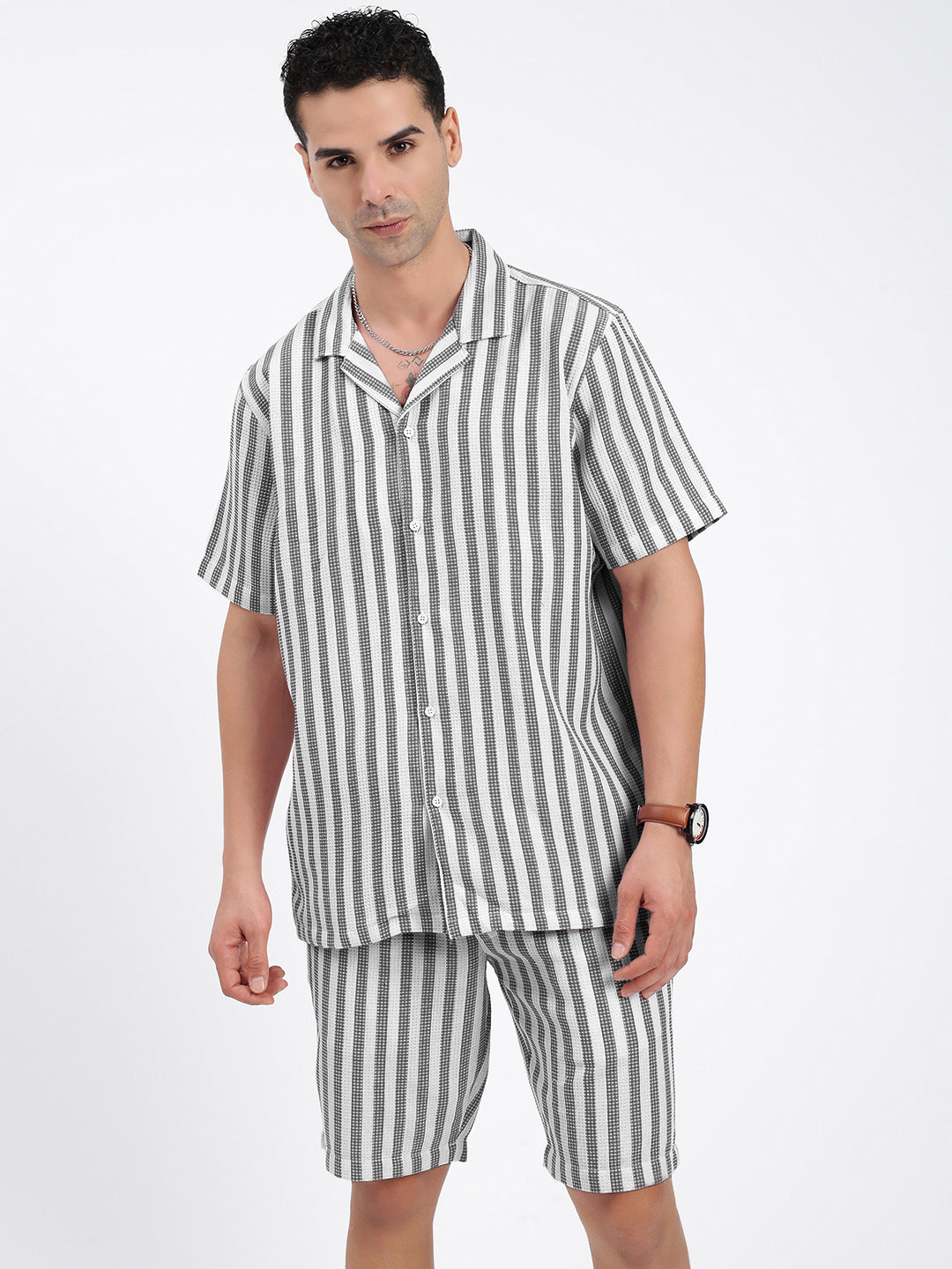 Men's Black Striped Cuban Collar Relaxed Fit Co-Ords Set