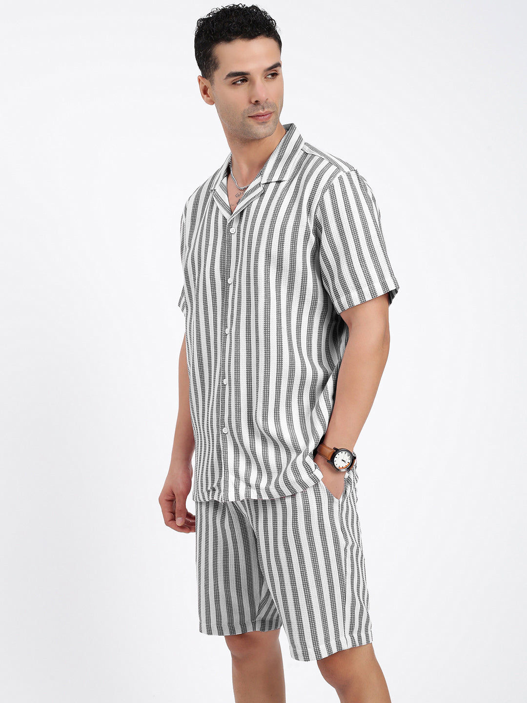 Men's Black Striped Cuban Collar Relaxed Fit Co-Ords Set