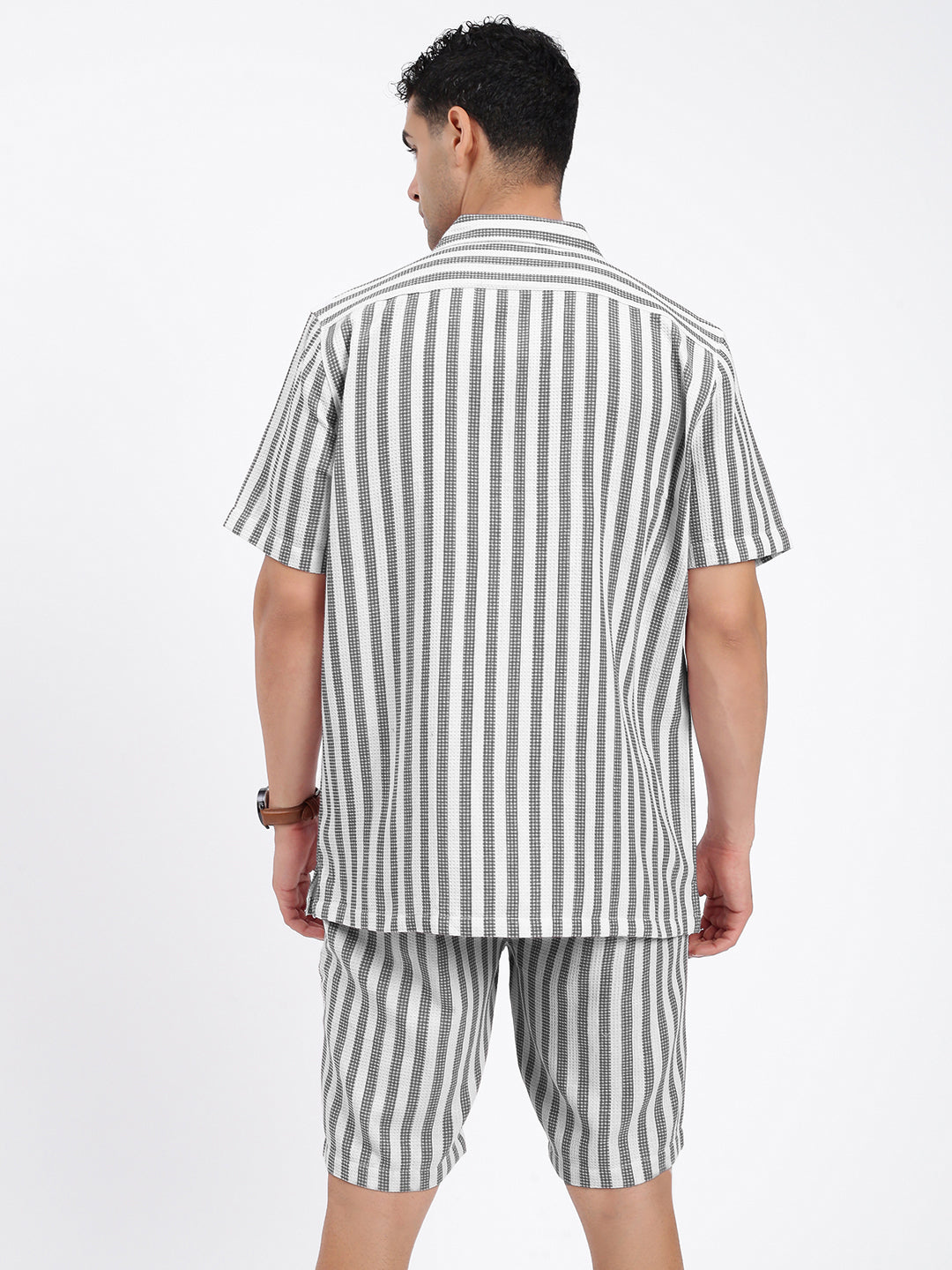 Men's Black Striped Cuban Collar Relaxed Fit Co-Ords Set