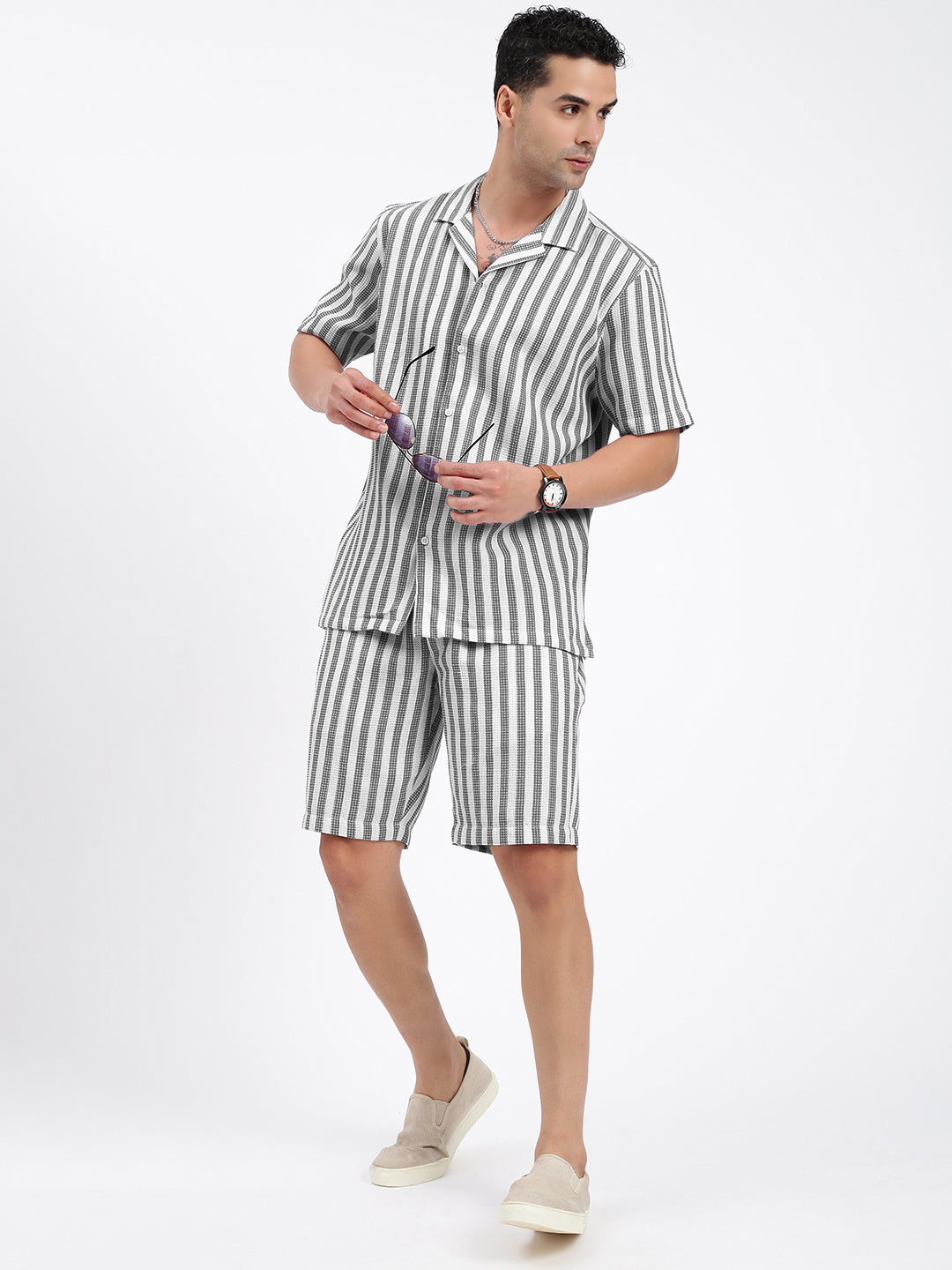 Men's Black Striped Cuban Collar Relaxed Fit Co-Ords Set