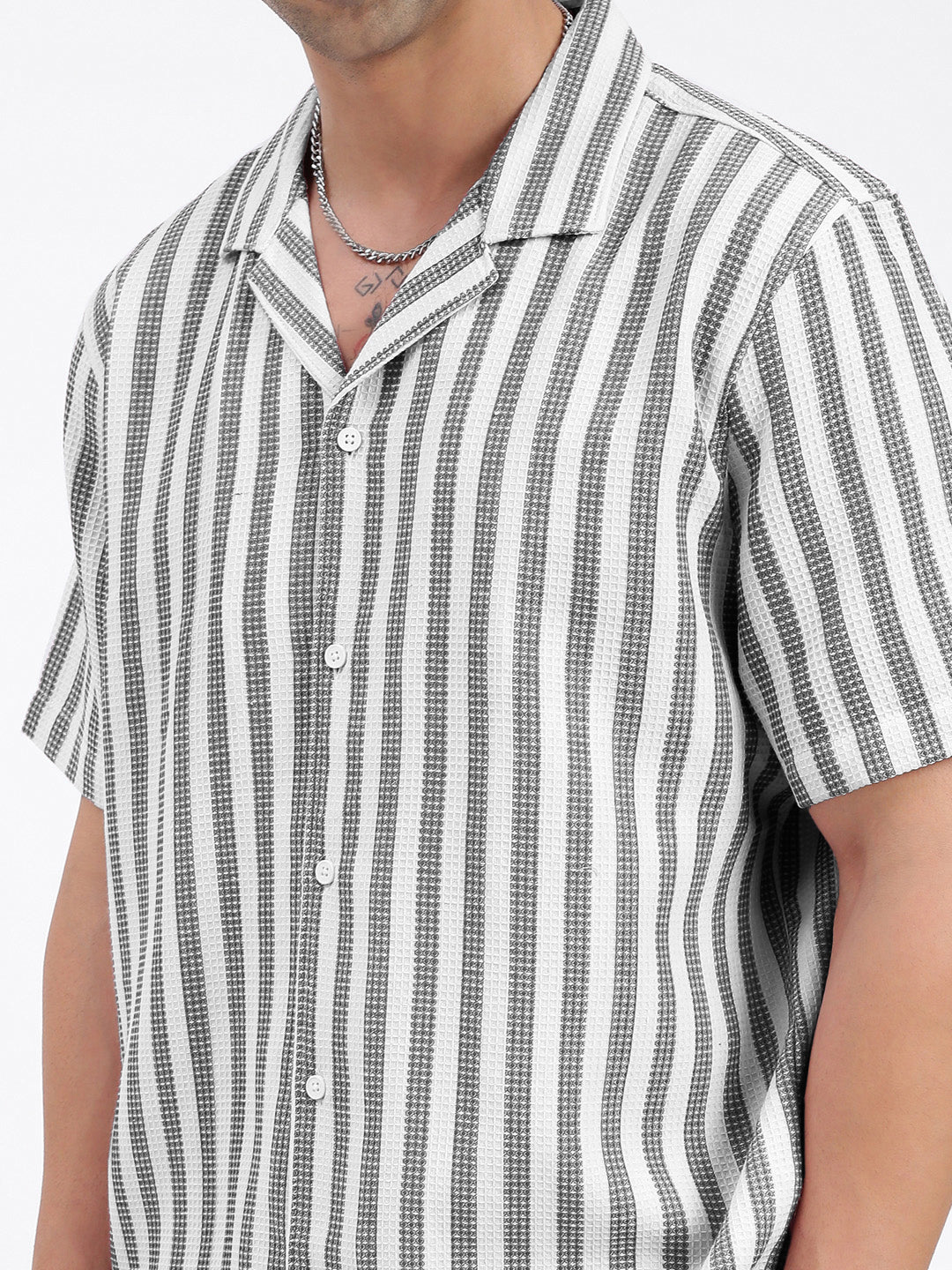 Men's Black Striped Cuban Collar Relaxed Fit Co-Ords Set