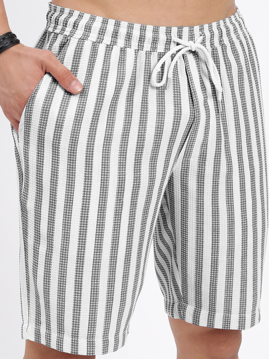 Men's Black Striped Cuban Collar Relaxed Fit Co-Ords Set