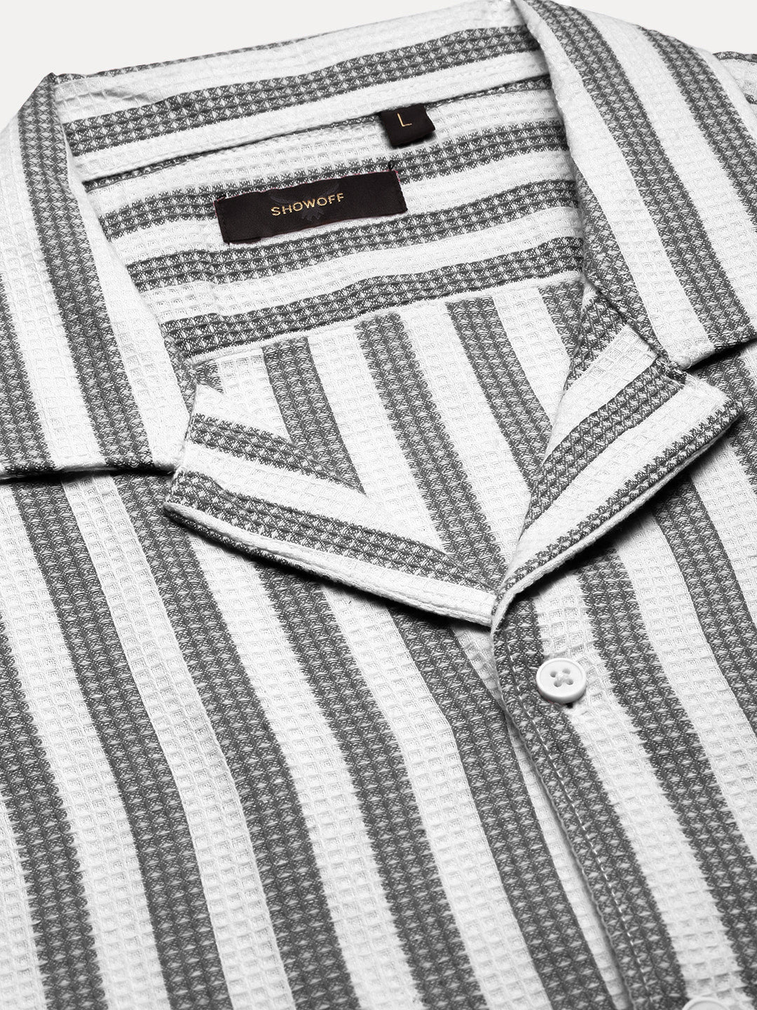 Men's Black Striped Cuban Collar Relaxed Fit Co-Ords Set