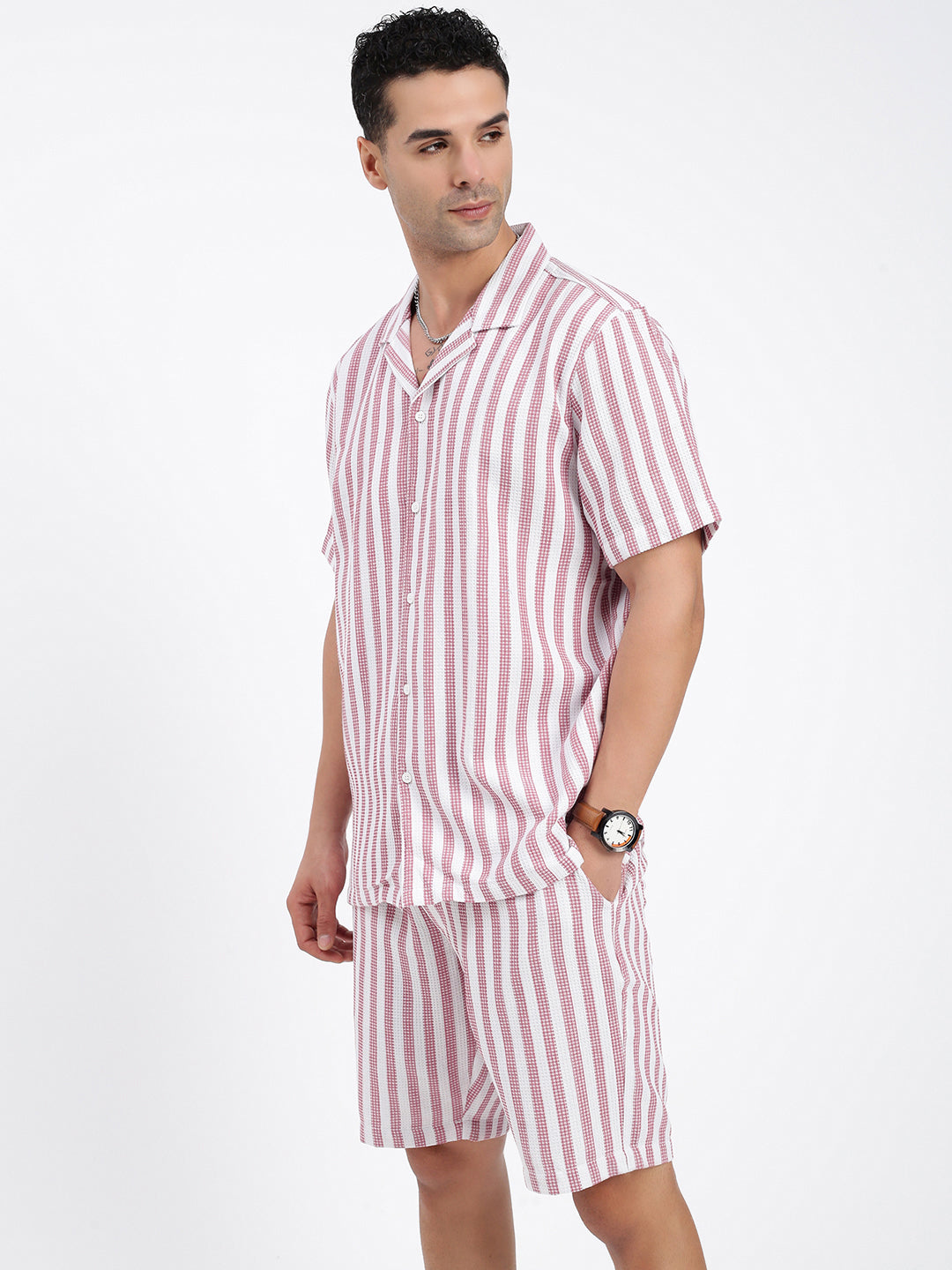 Men Striped Pink Co Ords Set