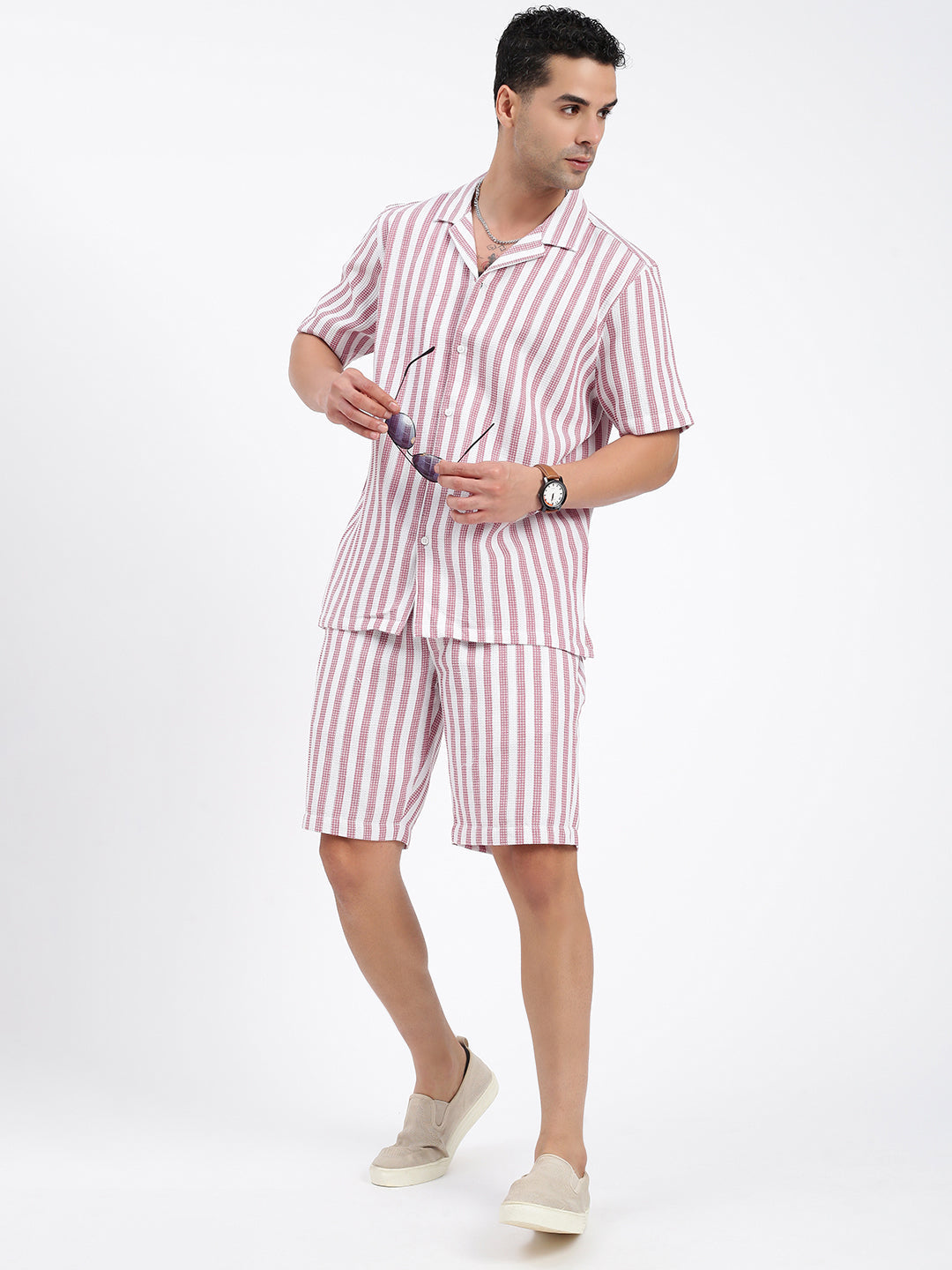 Men Striped Pink Co Ords Set