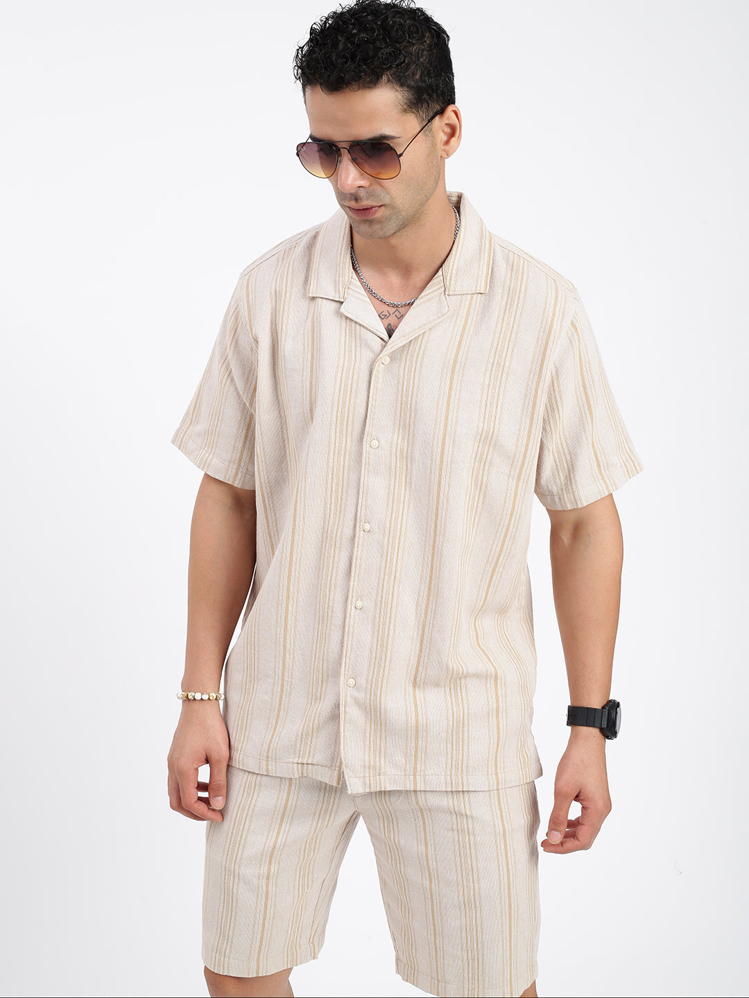 Men Striped Beige Co Ords Set