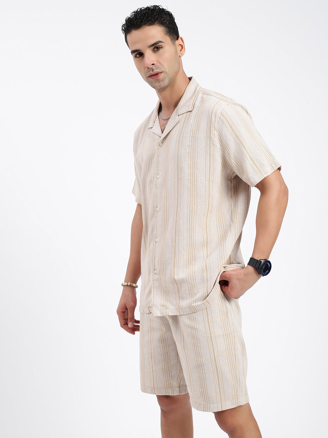 Men Striped Beige Co Ords Set