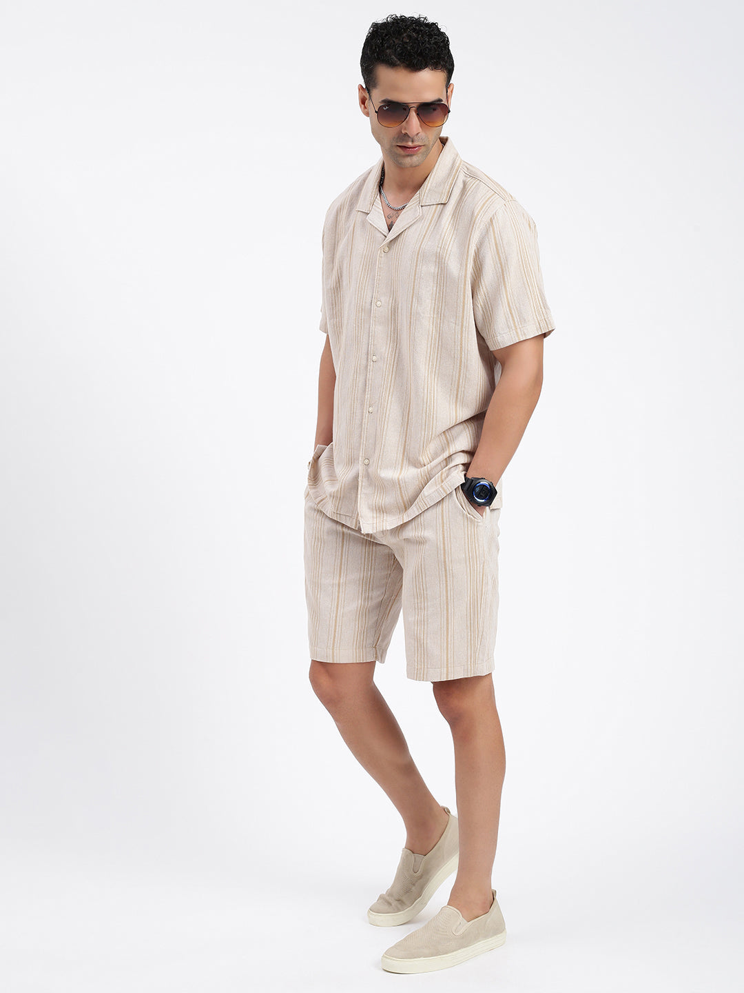 Men Striped Beige Co Ords Set