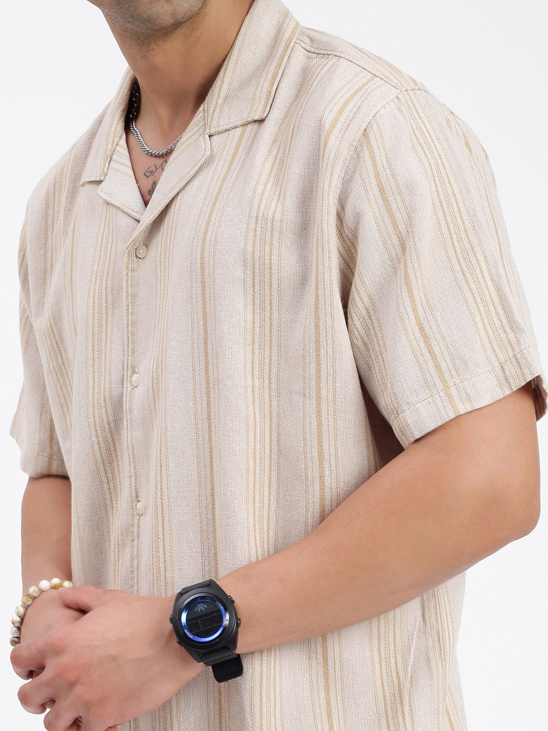 Men Striped Beige Co Ords Set