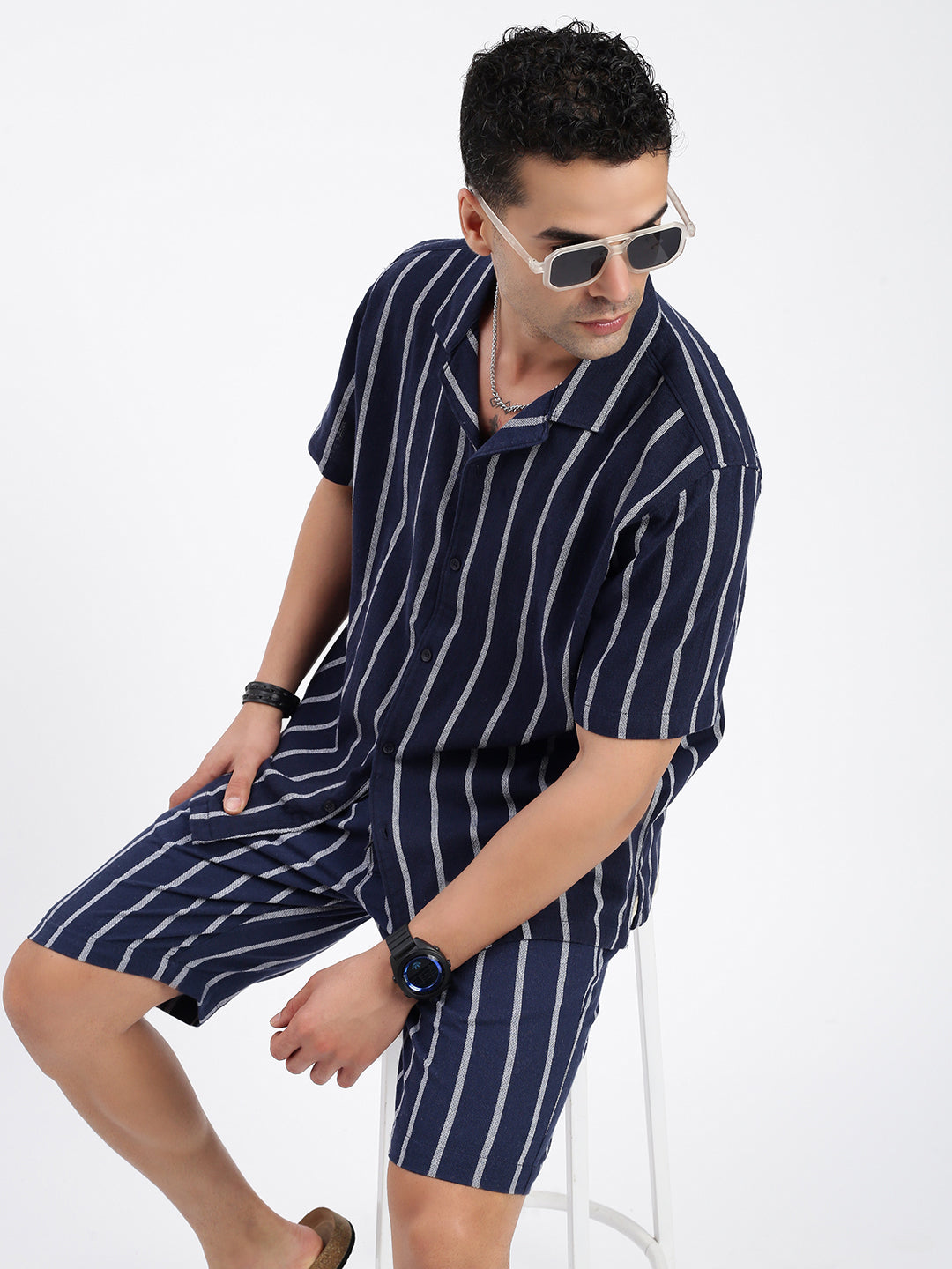 Men Striped Navy Blue Co Ords Set