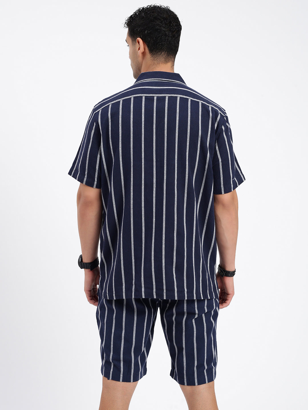 Men Striped Navy Blue Co Ords Set