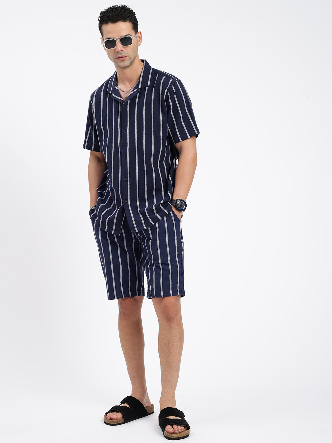 Men Striped Navy Blue Co Ords Set