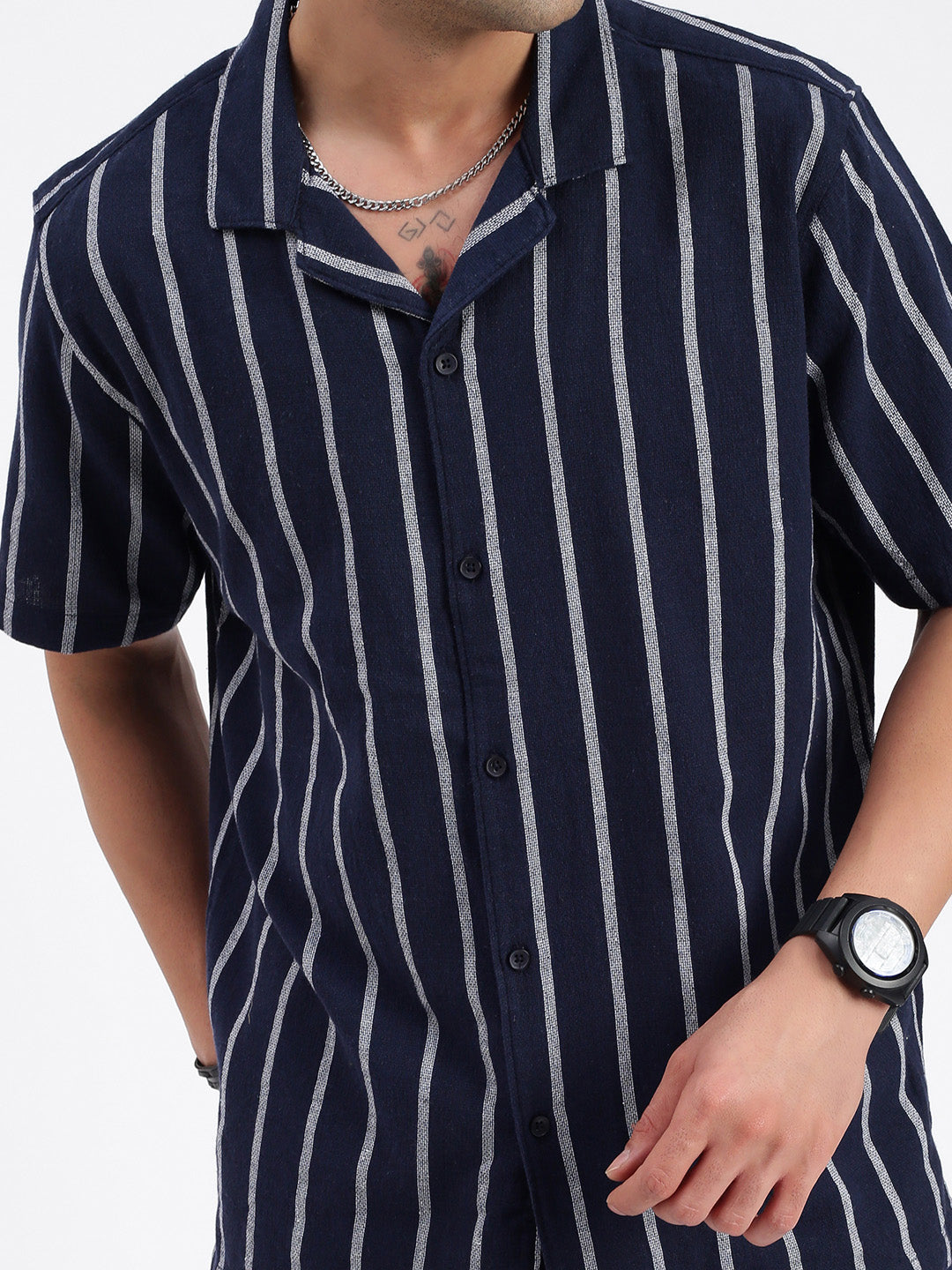 Men Striped Navy Blue Co Ords Set