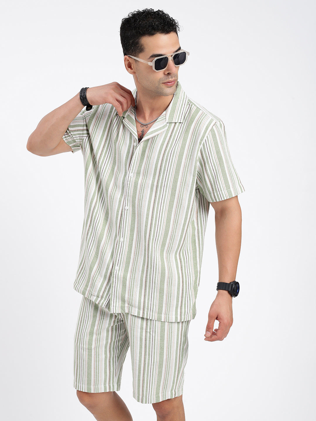 Men Striped Green Co Ords Set