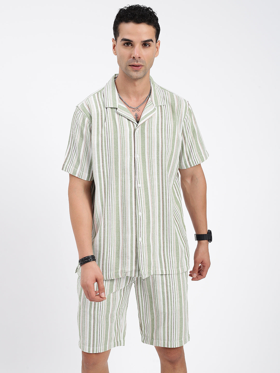 Men Striped Green Co Ords Set