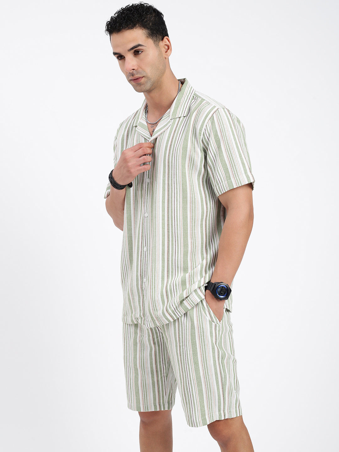 Men Striped Green Co Ords Set