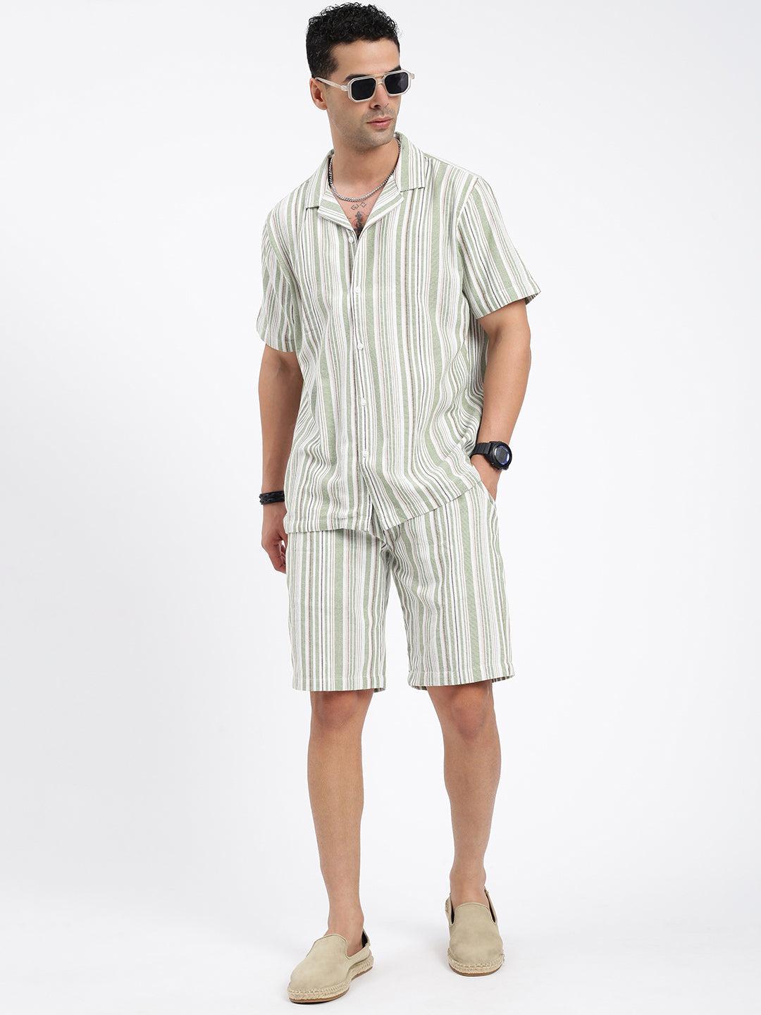 Men Striped Green Co Ords Set