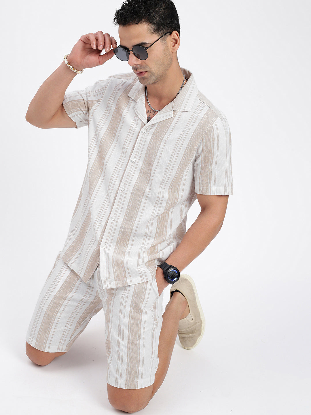 Men Striped Cream Co Ords Set