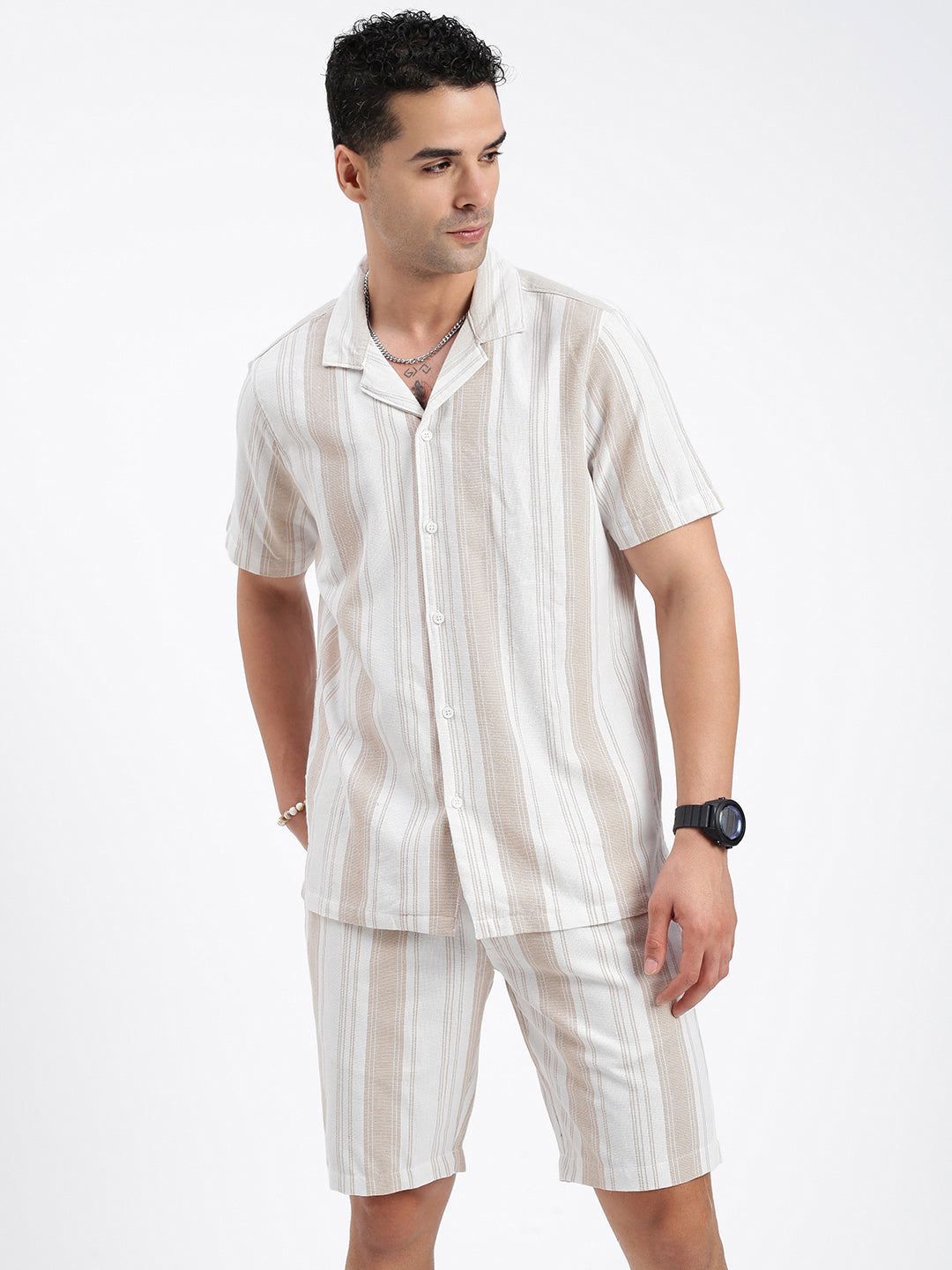 Men Striped Cream Co Ords Set