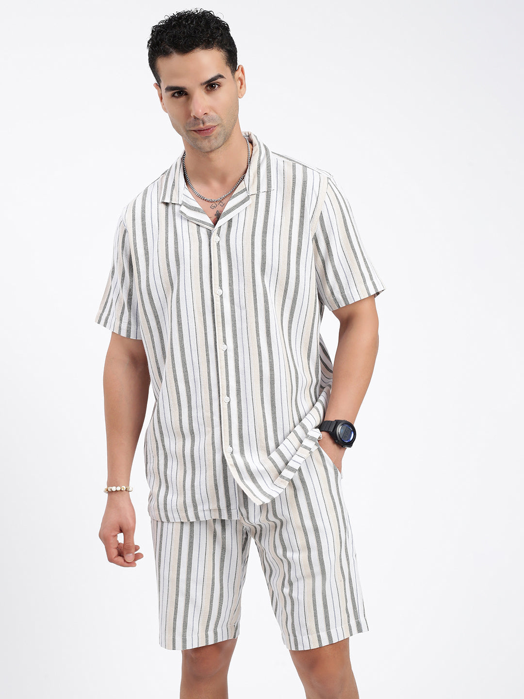 Men Striped White Co Ords Set