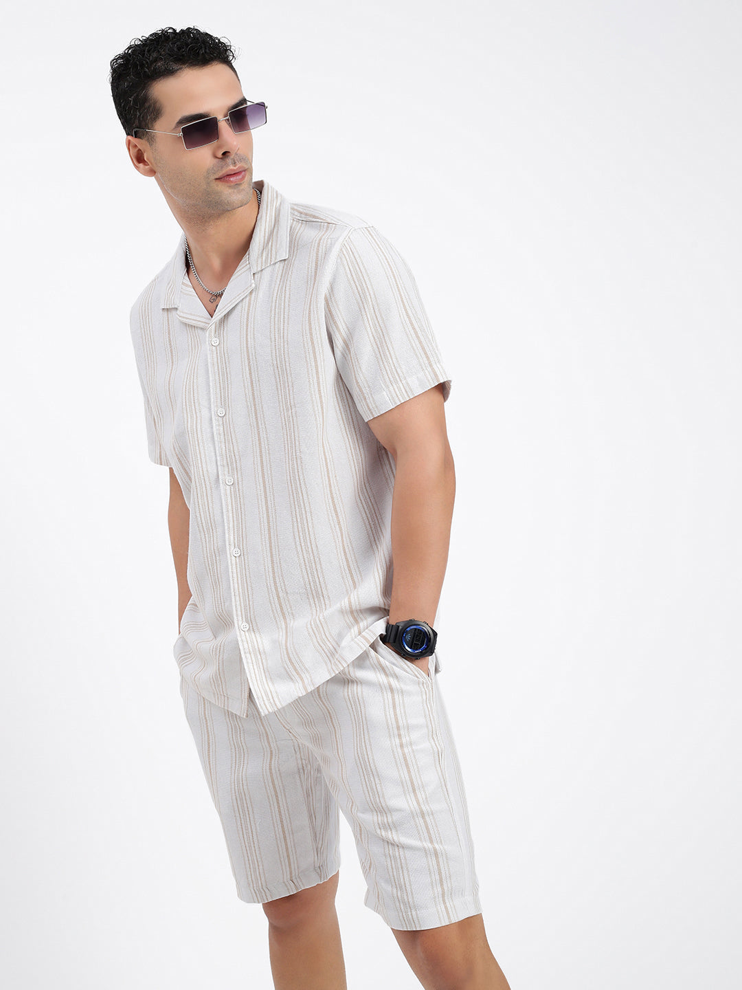 Men Striped Cream Co Ords Set