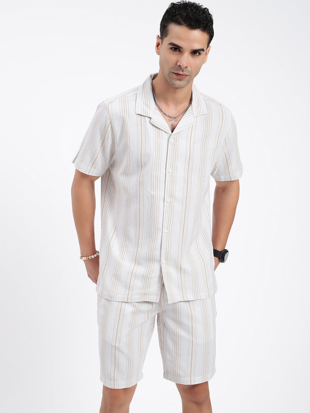 Men Striped Cream Co Ords Set