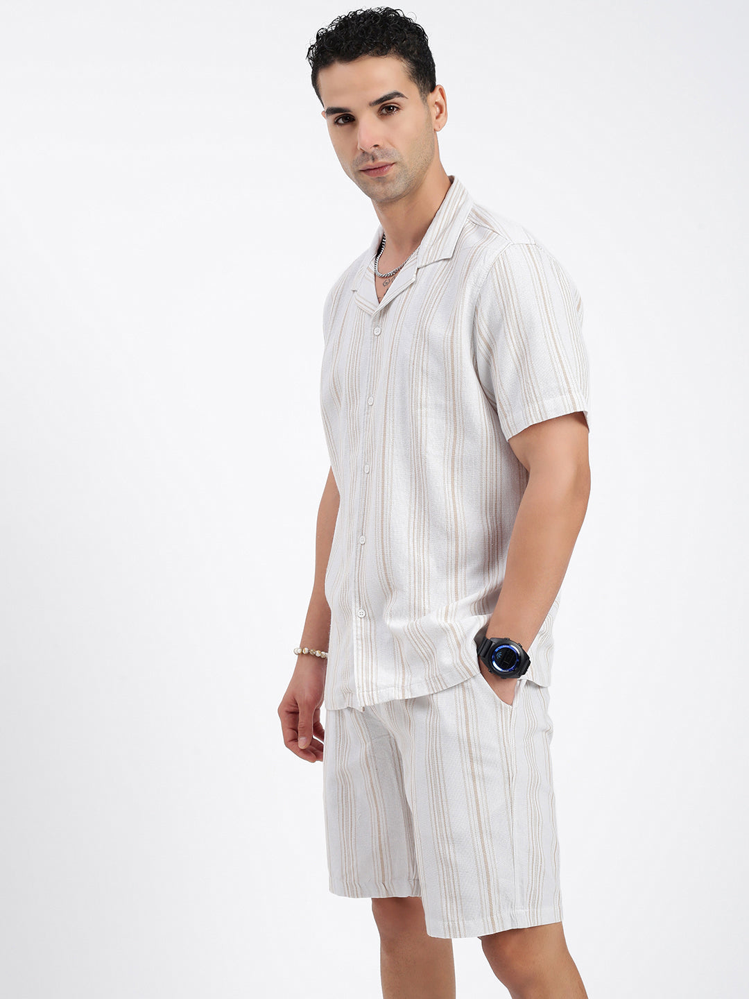 Men Striped Cream Co Ords Set