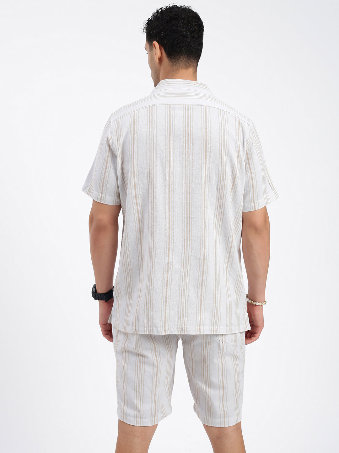 Men Striped Cream Co Ords Set