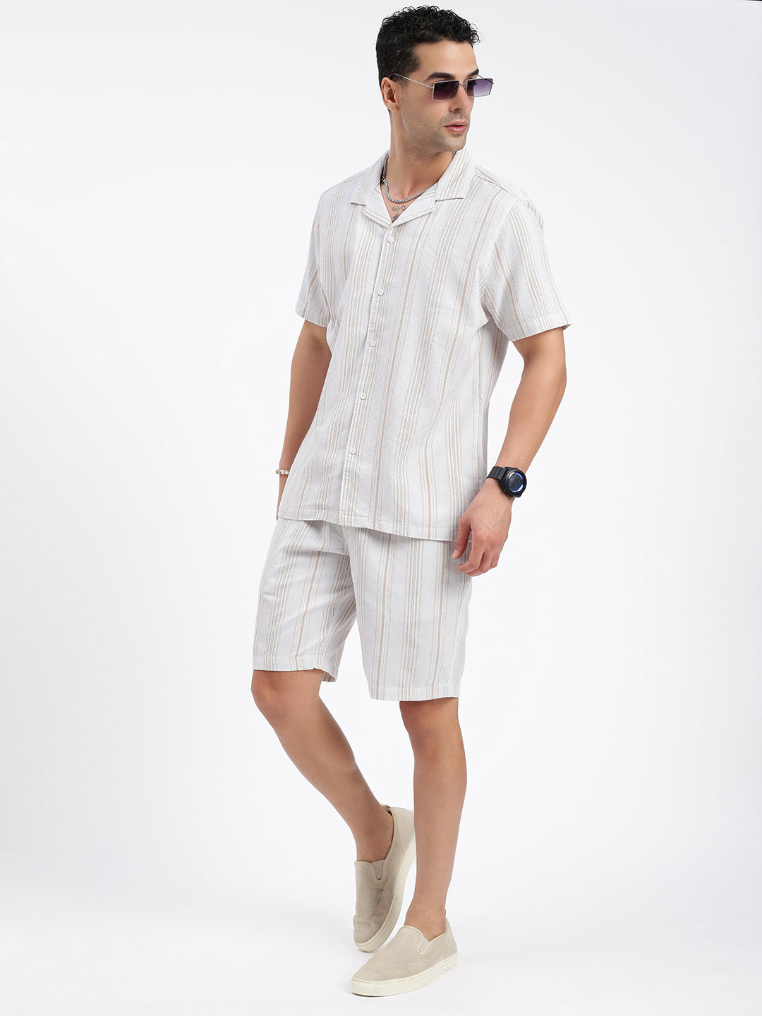 Men Striped Cream Co Ords Set