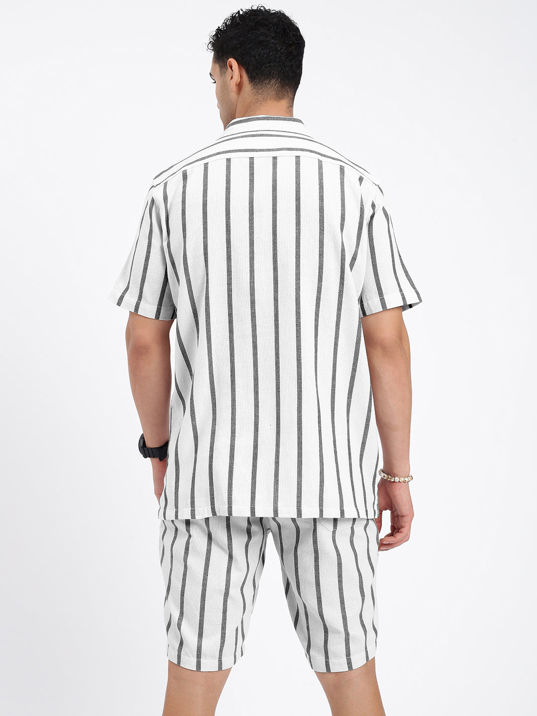 Men's White Striped Cuban Collar Relaxed Fit Co-Ords Set