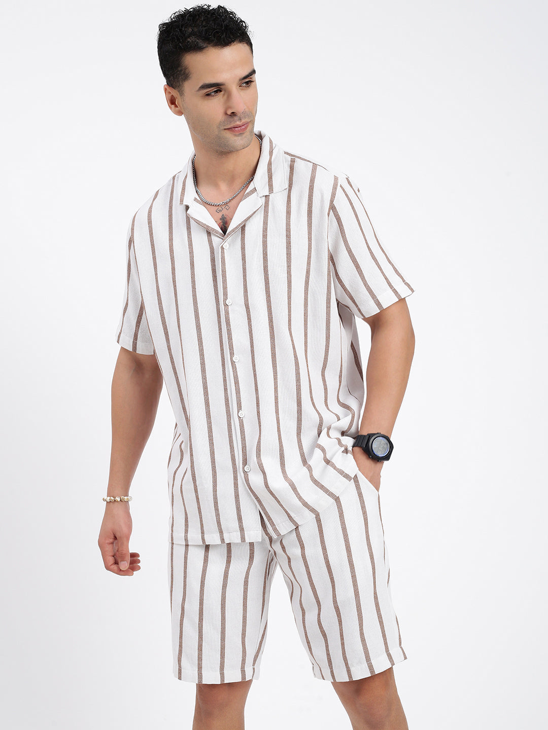 Men Striped White Co Ords Set