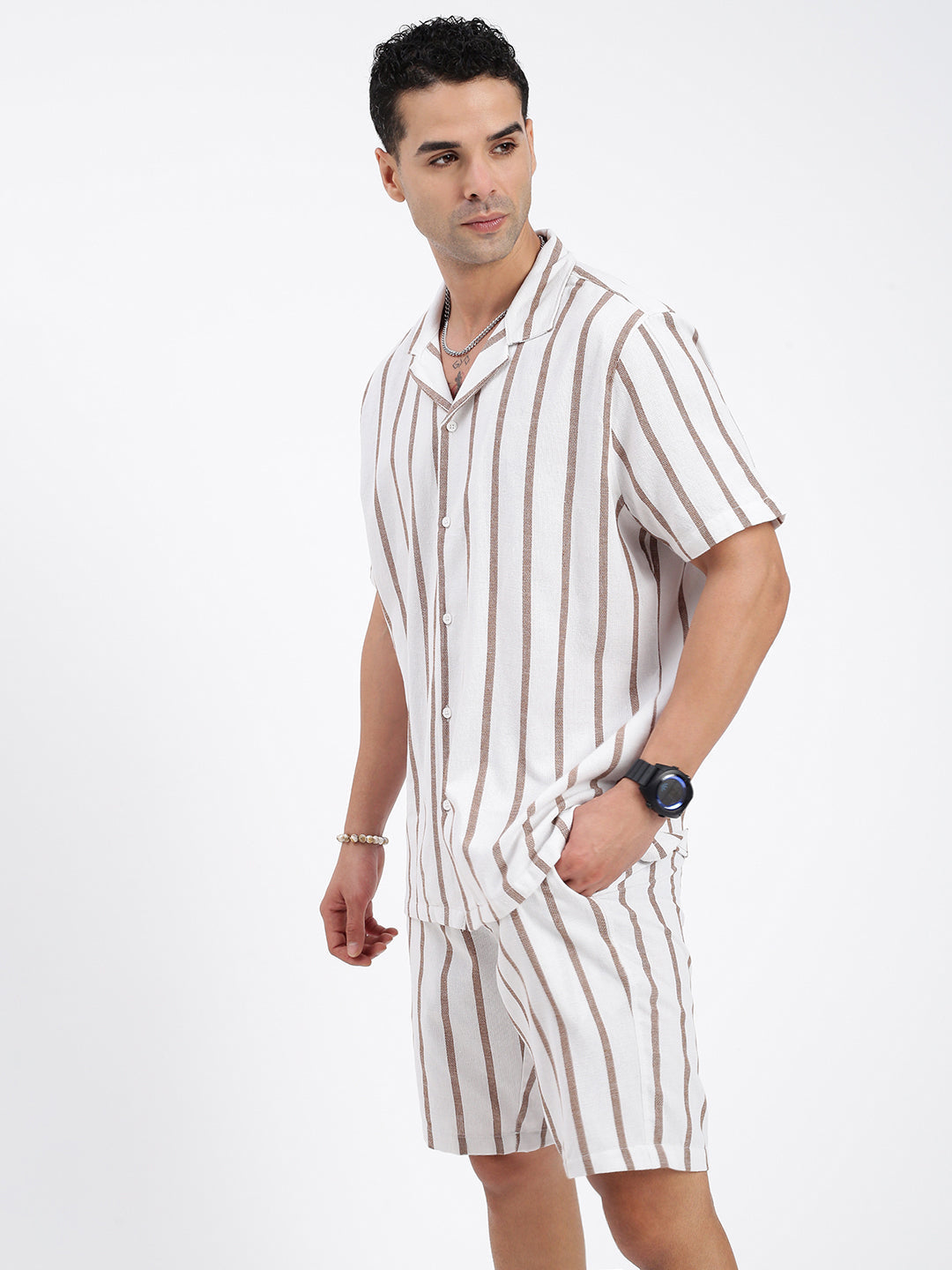 Men Striped White Co Ords Set