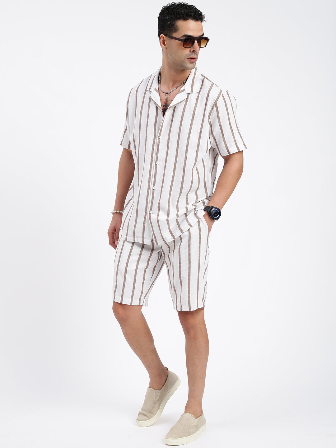 Men Striped White Co Ords Set