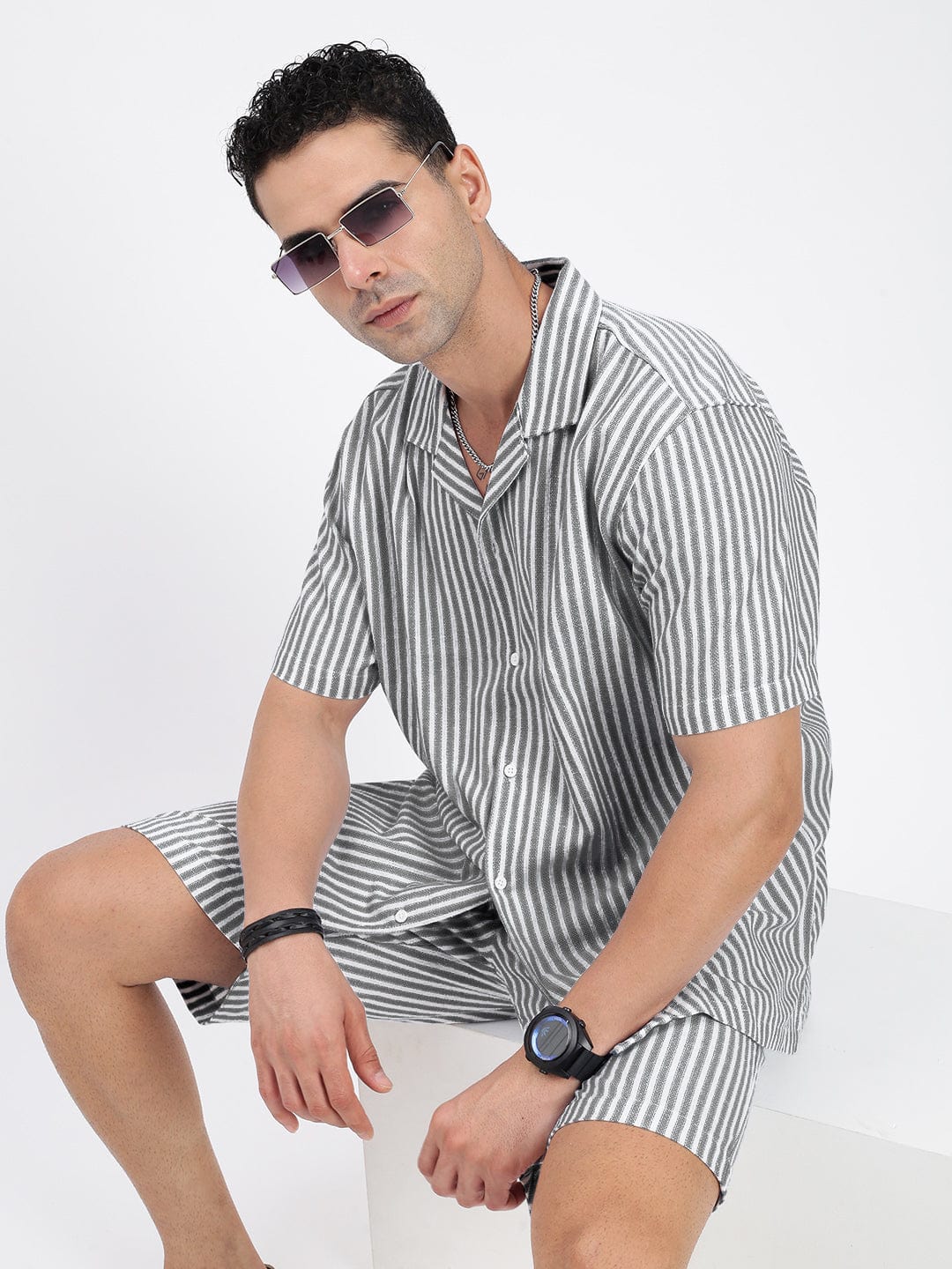 Men's Cuban Collar Striped White Co-Ords Set