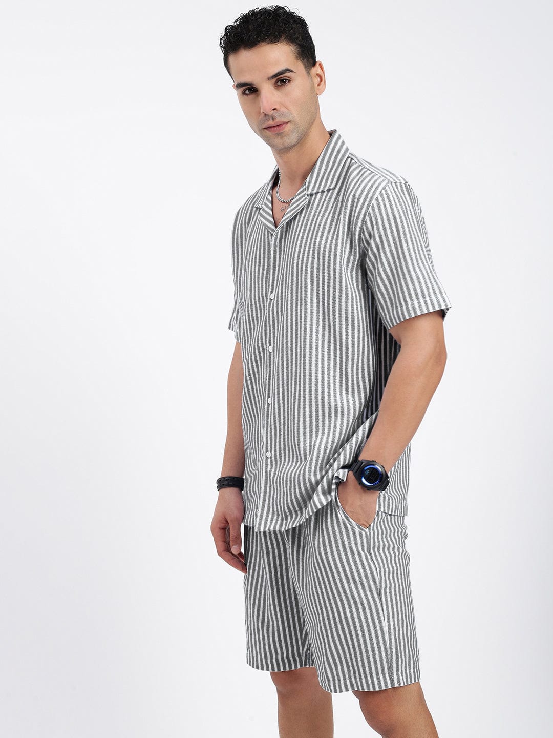 Men's Cuban Collar Striped White Co-Ords Set