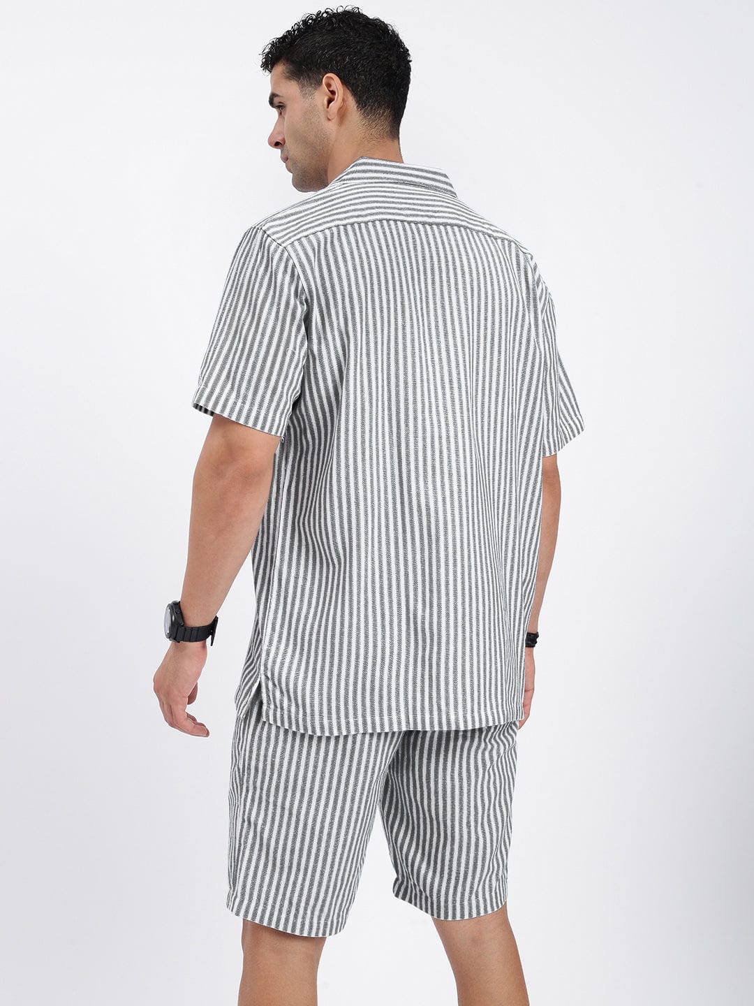 Men's Cuban Collar Striped White Co-Ords Set