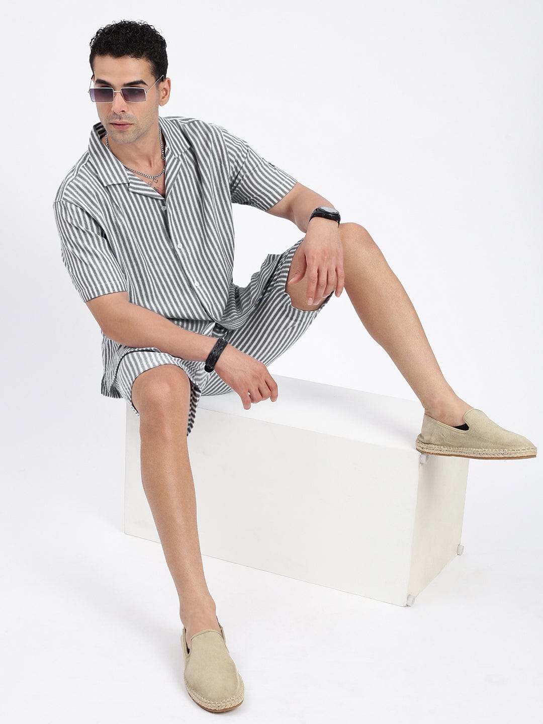 Men's Cuban Collar Striped White Co-Ords Set