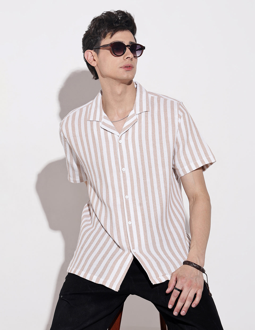 Men's Striped Beige Short Sleeve Relaxed Fit Cuban Collar Shirt