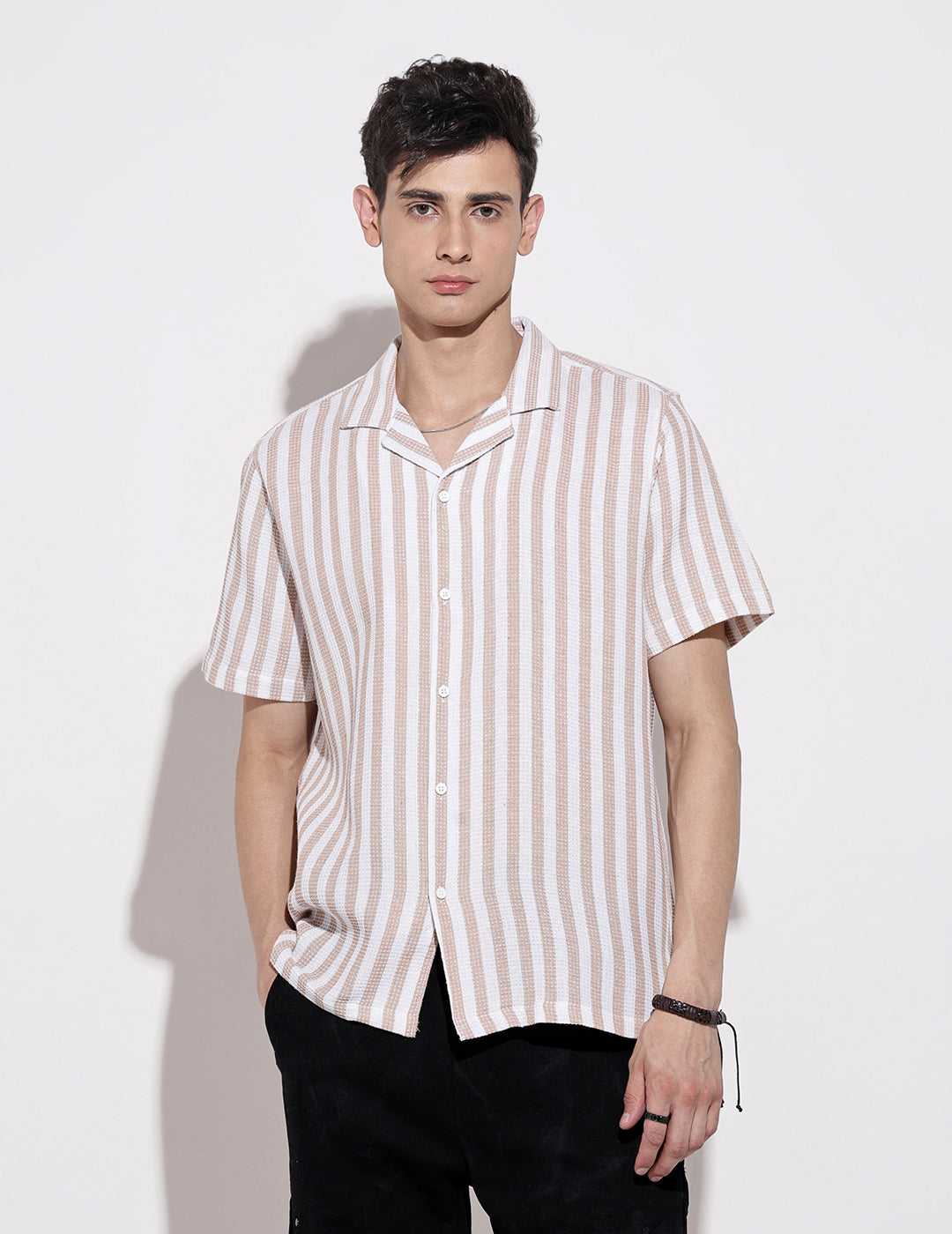 Men's Striped Beige Short Sleeve Relaxed Fit Cuban Collar Shirt