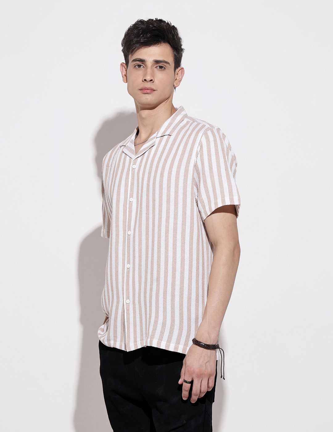 Men's Striped Beige Short Sleeve Relaxed Fit Cuban Collar Shirt