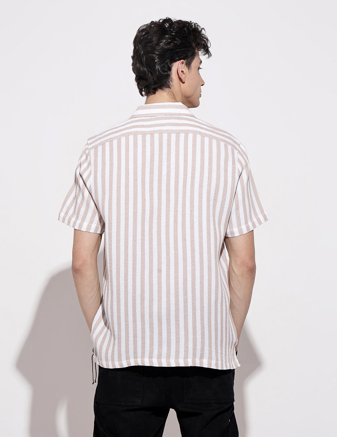 Men's Striped Beige Short Sleeve Relaxed Fit Cuban Collar Shirt