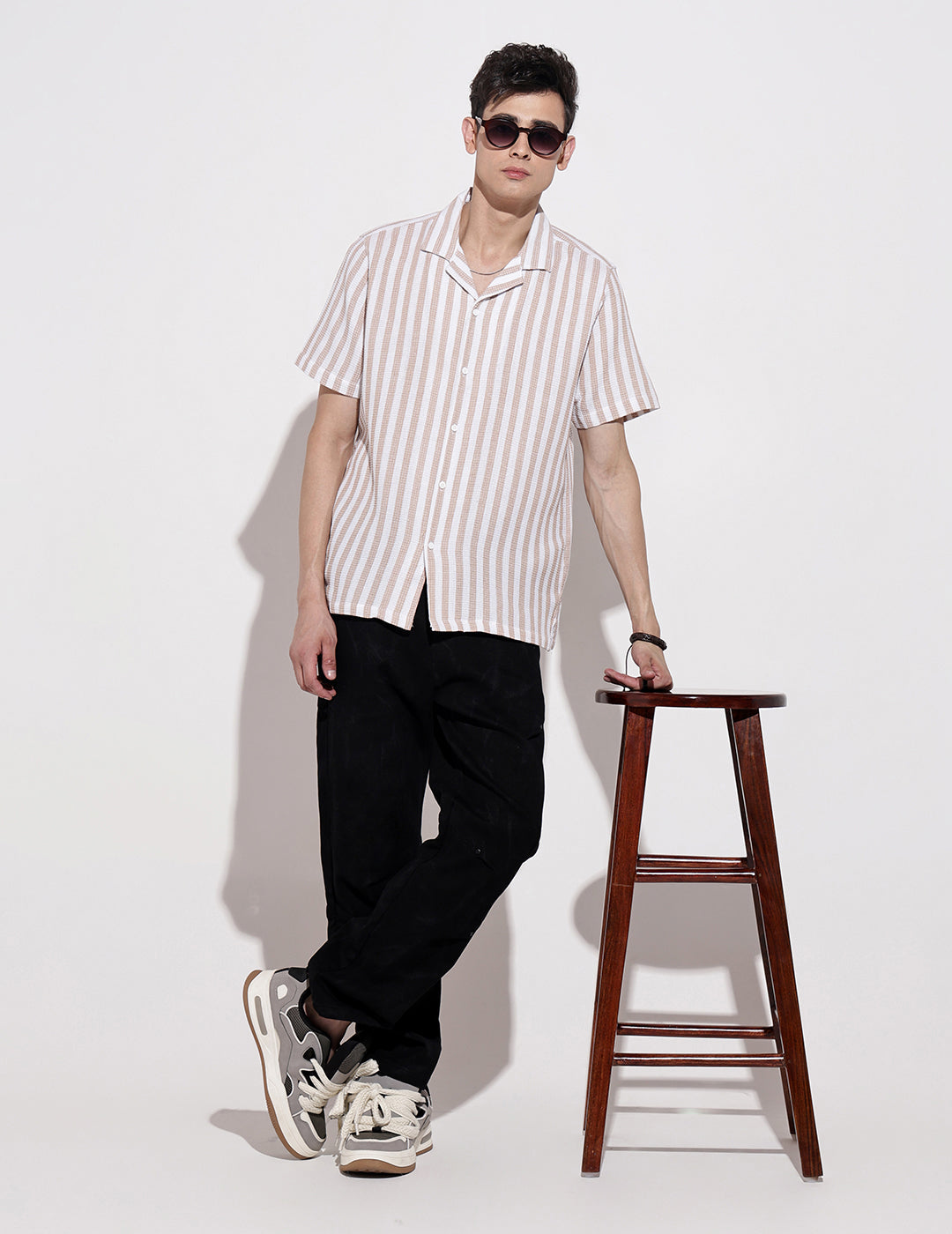 Men's Striped Beige Short Sleeve Relaxed Fit Cuban Collar Shirt