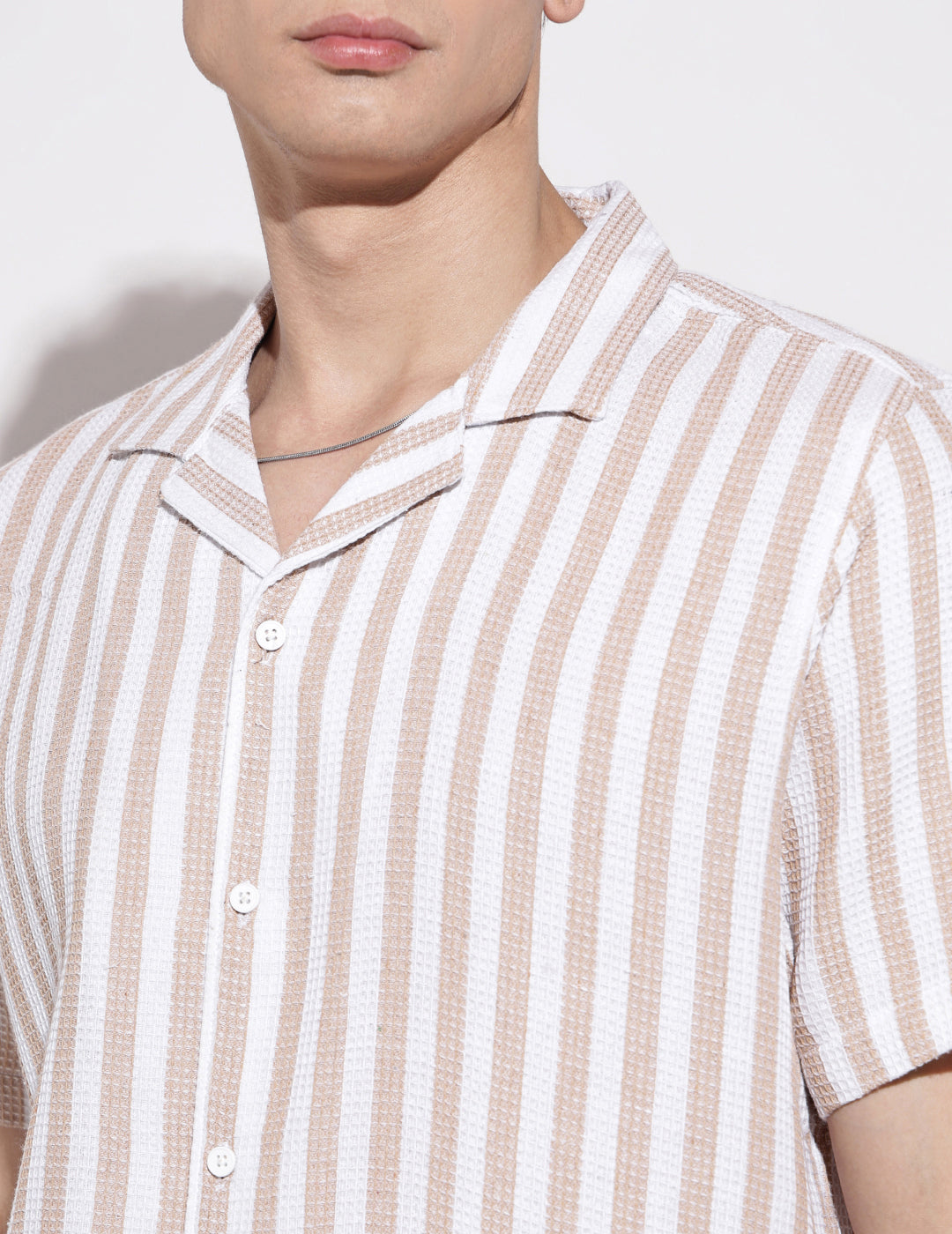 Men's Striped Beige Short Sleeve Relaxed Fit Cuban Collar Shirt
