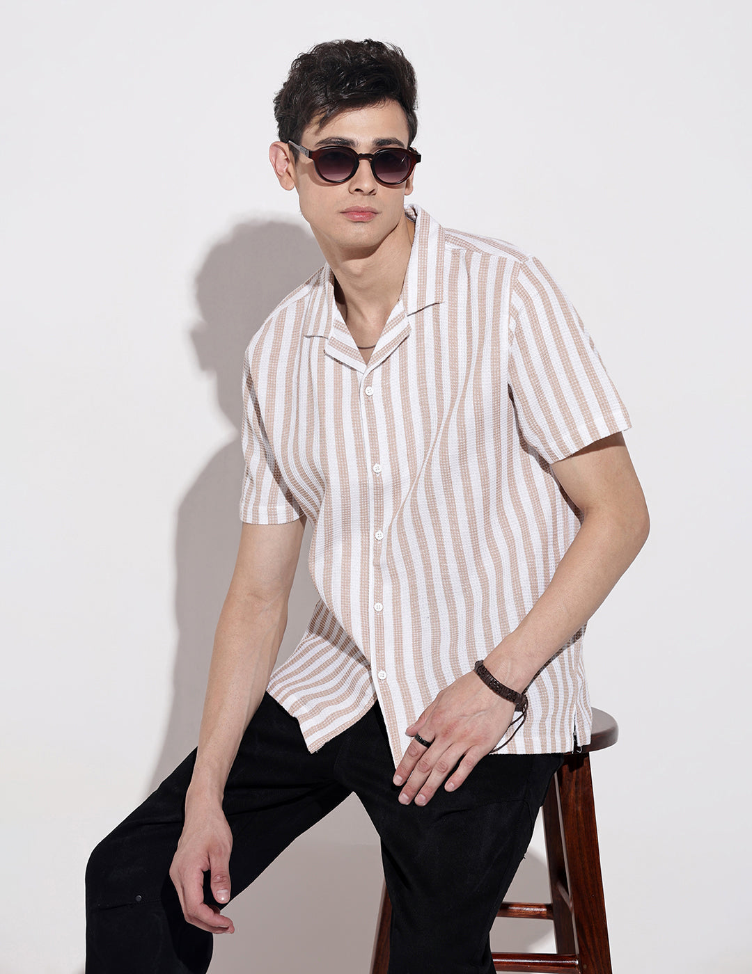 Men's Striped Beige Short Sleeve Relaxed Fit Cuban Collar Shirt