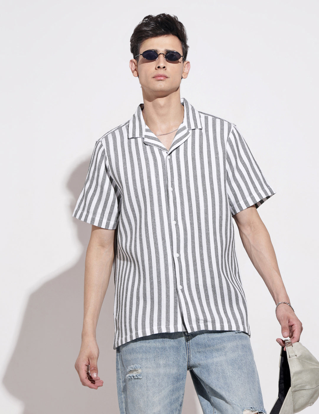 Men's Striped White Short Sleeve Relaxed Fit Cuban Collar Shirt