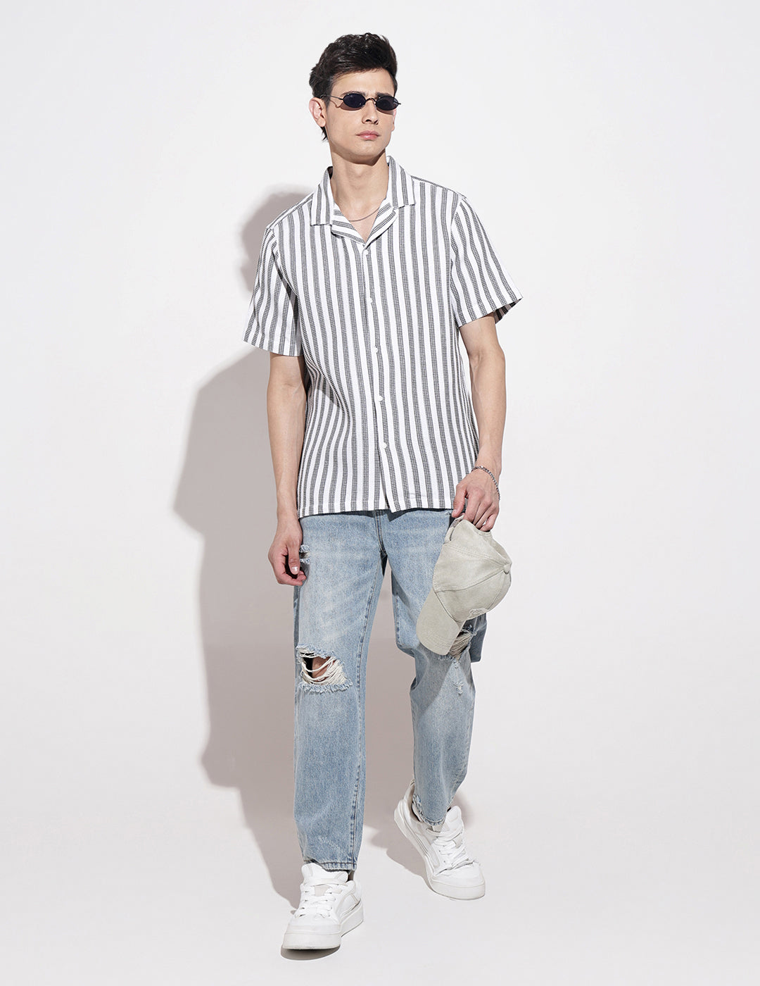 Men's Striped White Short Sleeve Relaxed Fit Cuban Collar Shirt