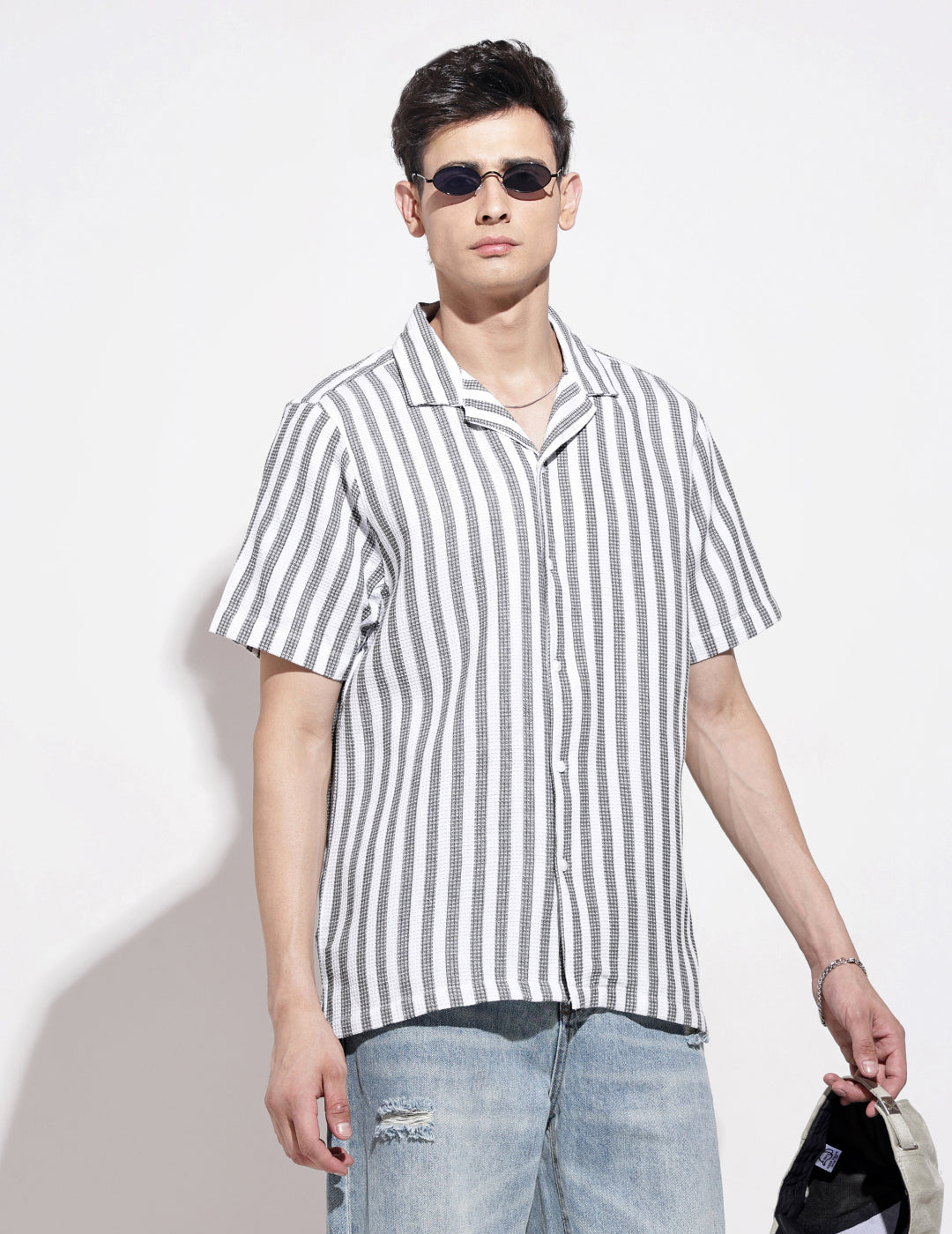 Men's Striped White Short Sleeve Relaxed Fit Cuban Collar Shirt